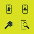 Set Smartphone battery charge, Phone repair service, Hammer and Mobile with exclamation mark icon. Vector