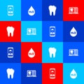 Set Smartphone with contact, Water drop H2O, Broken tooth and Laptop dental card icon. Vector