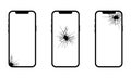 Set of smartphone with a crack on the display. Black set of mobile phone icons. Flat design