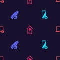 Set Smartphone with lock, USB flash drive, Retro wall watch and Laptop and on seamless pattern. Vector Royalty Free Stock Photo