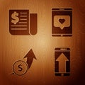 Set Smartphone, mobile phone, Financial news, Financial growth and coin and Mobile phone and like with heart on wooden Royalty Free Stock Photo