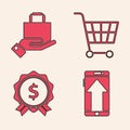 Set Smartphone, mobile phone, Hand and paper shopping bag, Shopping cart and Price tag with dollar icon. Vector Royalty Free Stock Photo
