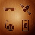 Set Smartphone, mobile phone, Smart glasses, Social network and Satellite on wooden background. Vector