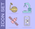 Set Smartphone, mobile phone, Social network, Satellite and Robotic robot arm hand factory icon. Vector