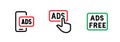 Set of smartphone, prohibition button blocking ads and ads free icons. Editable line vector.