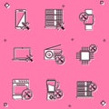 Set Smartphone service, Database server, Smartwatch, Laptop, Radio, Processor, Oven and Blender icon. Vector Royalty Free Stock Photo