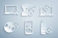 Set Smartphone service, Laptop, CD or DVD disk, USB flash drive, Drill machine and icon. Vector Royalty Free Stock Photo