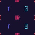Set Smartphone service, Wrench, Database server and on seamless pattern. Vector