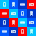 Set Smartphone, Stereo speaker, Keyboard and Photo camera icon. Vector
