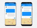 Set of smartphones with blank chat messenger and emoticons. Template with message bubbles in smartphone with emoji Royalty Free Stock Photo