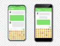 Set of smartphones with blank chat messenger and emoticons. Template with message bubbles in smartphone with emoji Royalty Free Stock Photo