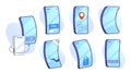 Set of Smartphones Displaying Different Conditions Including Battery Charging, Messaging, Navigation, Broken Screen