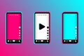 Set of smartphones in popular social media colors. Mobile app screen template. Set of icons for social networking and blogging Royalty Free Stock Photo