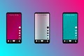 Set of smartphones in popular social media colors. Mobile app screen template. Set of icons for social networking and blogging Royalty Free Stock Photo