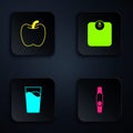 Set Smartwatch, Apple, Glass with water and Bathroom scales. Black square button. Vector