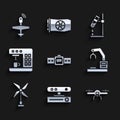 Set Smartwatch, Motion sensor, Drone flying, Robotic robot arm hand factory, Wind turbine, Coffee machine, Test tube