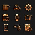Set Smartwatch service, Gamepad, Washer, Tv, Smartphone, Oven, Wrench and screwdriver in gear and Database server icon Royalty Free Stock Photo