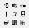 Set Smartwatch service, Radio, Video camera, Printer, Database server, Mobile Apps, Wrench and Tv icon. Vector Royalty Free Stock Photo