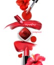 A set of smears of red and Burgundy lipstick.Beauty and cosmetics background. Use for advertising flyer, banner, leaflet