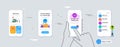 Set of Smile, Clipboard and Calendar graph line icons. For design. Vector