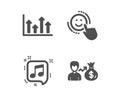 Smile, Musical note and Upper arrows icons. Sallary sign. Positive feedback, Speech bubble, Growth infochart. Vector