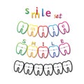 Set of smile teeth symbols with braces and smile word on them, isolated on a white background square vector illustration