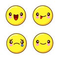 Set of smiley face icons or yellow emoticons with different facial expressions i isolated in white background. Flat Royalty Free Stock Photo