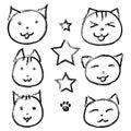 Set of smiling cats on white background.