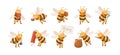 Set of smiling cute cartoon bee character isolated on white background. Collection of funny insect holding honey, book