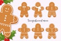 Set of smiling gingerbread man. Holiday sweet cookie isolated on light background. Symbol of Merry Christmas and Happy New Year. Royalty Free Stock Photo
