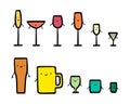 Set of smiling glass different forms and drinks colorful illustration