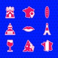 Set Smiling lips, Cheese, Map of France, Eiffel tower, Wine glass, Museum building, French baguette bread and Windmill