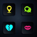Set Smiling lips, Location with heart, Broken and Heart speech bubble. Black square button. Vector Royalty Free Stock Photo