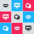 Set Smiling lips, Speech bubble with I love you and Heart speech icon. Vector