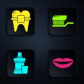 Set Smiling lips, Teeth with braces, Mouthwash plastic bottle and Toothbrush with toothpaste. Black square button