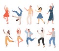 Set of smiling people in casual clothes dancing, feeling positive emotions vector flat illustration.