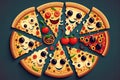 Set of smiling pizza slices with different toppings. Cartoon illustration. Generative ai Royalty Free Stock Photo