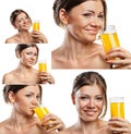 Set of smiling woman drinking orange juice Royalty Free Stock Photo