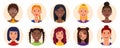 Set of smiling women avatars. Women of various unusual appearances. Isolated portraits on a round