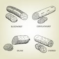 Set of smoked sausages, bloedworst, cervelatwurst, salami and chorizo icons. Royalty Free Stock Photo