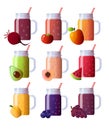 Set of smoothies in different cups. Superfoods and health or detox diet food concept in sketch style.