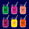 Set of 6 smoothies in mason jars with straws and heart shapes. Romantic smoothie collection. Vector hand drawn illustration.