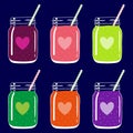 Set of 6 smoothies in mason jars with straws and heart shapes. Romantic smoothie collection. Vector hand drawn illustration.