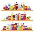 Set of snacks, fast food and drinks products on the shelves. Beverage bottles, sandwich in pack, soda and juice for Royalty Free Stock Photo