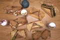 Set of snacks, sandwiches and drinks on a wooden table Royalty Free Stock Photo
