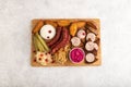 Set of snacks: sausages, toast, sauerkraut, marinated onion and cucumber, baked potato. Top view, copy space