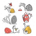 Set of 6 snails doodle handmade. Snail with emotions.