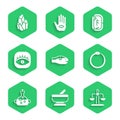 Set Snake, Mortar and pestle, Libra zodiac, Ouroboros, Poison in bottle, Masons, Magic runes and stone icon. Vector Royalty Free Stock Photo