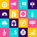 Set Sneakers, Peace, Beer bottle, Speech bubble chat, Jeans wide, Tourist tent, Sun and LSD acid mark icon. Vector