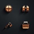 Set Sniper optical sight, Binoculars, Wooden axe and Ammunition box icon with long shadow. Vector Royalty Free Stock Photo